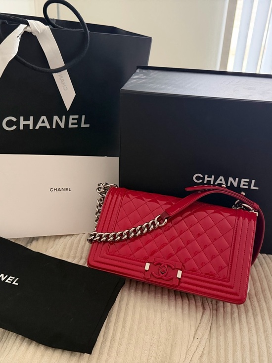 CHANEL Handbags - CHANEL Red Quilted Boy Shoulder Bag with Silver Chain